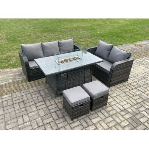 Salon De Jardin Exterieur Table De Foyer à Gaz Et Canapé Avec 2 Petits Tabourets