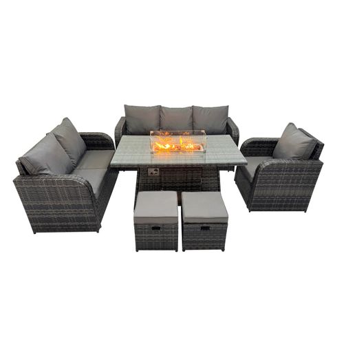 Salon De Jardin Avec Table De Foyer à Gaz 8 Places Ensemble De Canapés En Rotin Gris Foncé Mixte