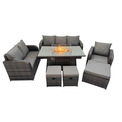 Salon De Jardin Avec Table De Foyer à Gaz 9 Places Ensemble De Canapés En Rotin Gris Foncé Mixte