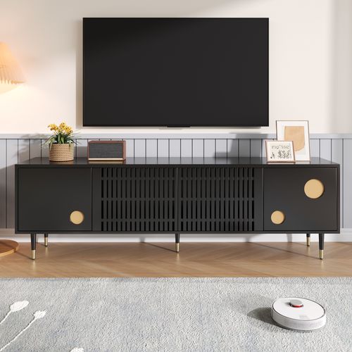 Meuble TV Moderne Avec 4 Portes, Décor Doré, Système Anti-basculement Et Pieds Ajustables,noir