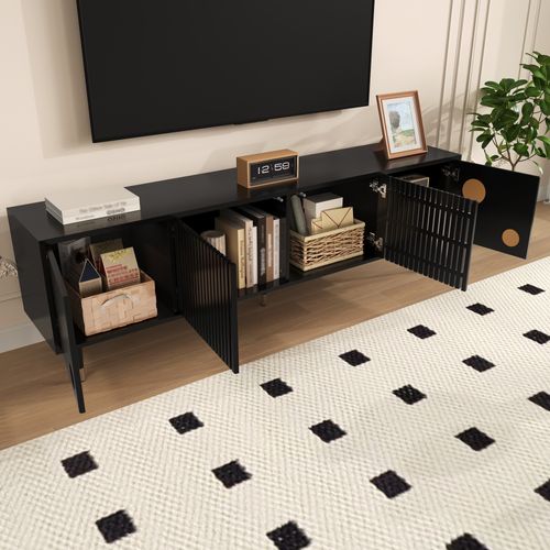 Meuble TV Moderne Avec 4 Portes, Décor Doré, Système Anti-basculement Et Pieds Ajustables,noir