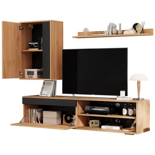 Ensemble Meuble TV 3 Pièces 140cm–bois Naturel Et Noir,Design Moderne, Rangement Salon