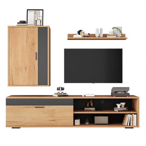 Ensemble Meuble TV 3 Pièces 140cm–bois Naturel Et Noir,Design Moderne, Rangement Salon