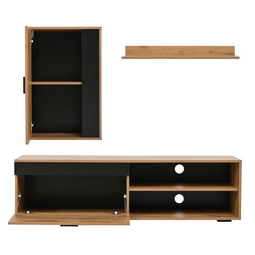 Ensemble Meuble TV 3 Pièces 140cm–bois Naturel Et Noir,Design Moderne, Rangement Salon