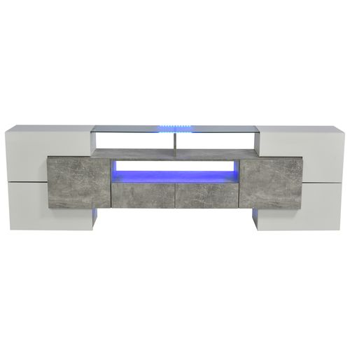 Meuble TV Design 200 Cm Blanc Brillant Et Gris Ciment Avec LED Et Plateau En Verre