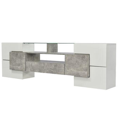 Meuble TV Design 200 Cm Blanc Brillant Et Gris Ciment Avec LED Et Plateau En Verre