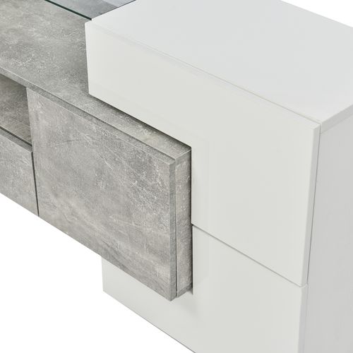 Meuble TV Design 200 Cm Blanc Brillant Et Gris Ciment Avec LED Et Plateau En Verre