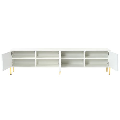 Meuble TV Blanc 190 Cm Avec Portes Rainurées Et Pieds Dorés, Design Moderne