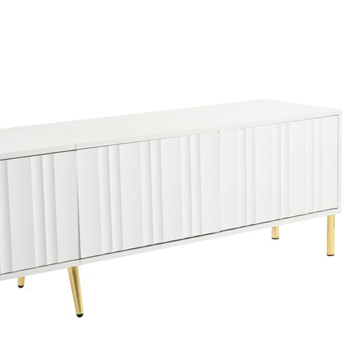 Meuble TV Blanc 190 Cm Avec Portes Rainurées Et Pieds Dorés, Design Moderne