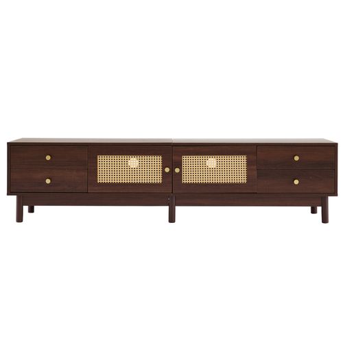 Meuble TV 180 cm Bois Foncé, 4 Tiroirs, Passe-câbles Intégré