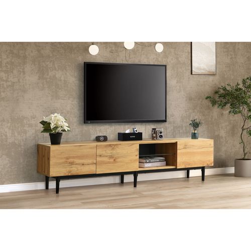 Meuble TV 175 cm Bois, LED Réglable, Coloris Noir Et Brun