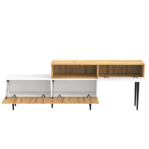 Meuble TV Modulable, Longueur Ajustable, Finition Bois, Blanc Mat