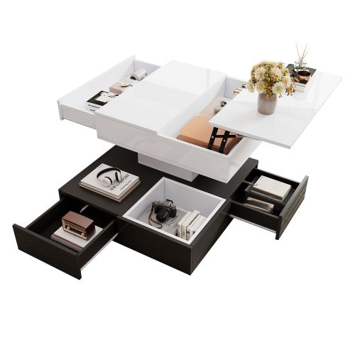 Table Basse Avec Plateau Pivotant à 360°, Table De Salon Double Niveau Avec 3 Tiroirs