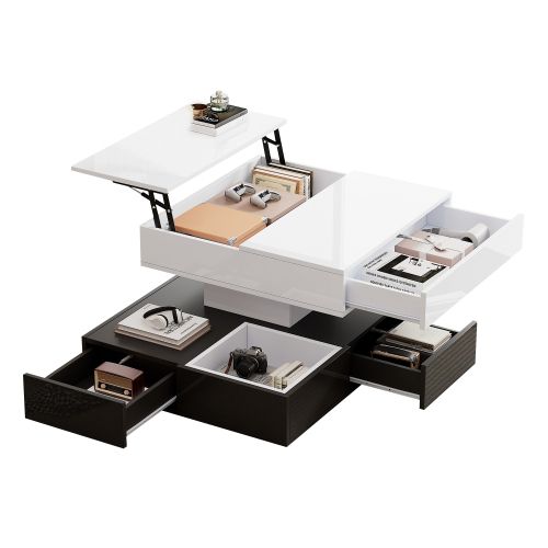 Table Basse Avec Plateau Pivotant à 360°, Table De Salon Double Niveau Avec 3 Tiroirs