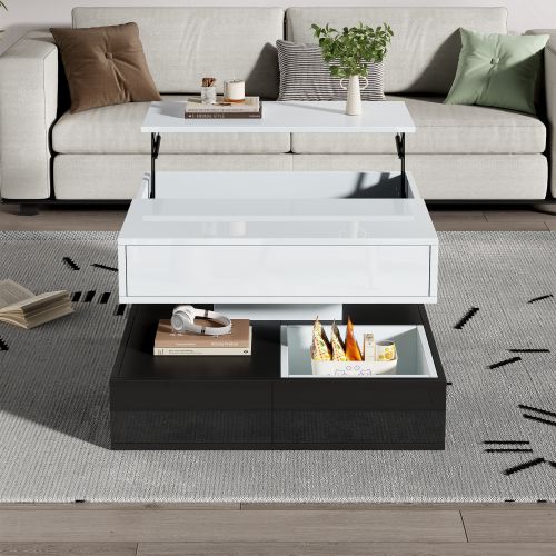 Table Basse Avec Plateau Pivotant à 360°, Table De Salon Double Niveau Avec 3 Tiroirs