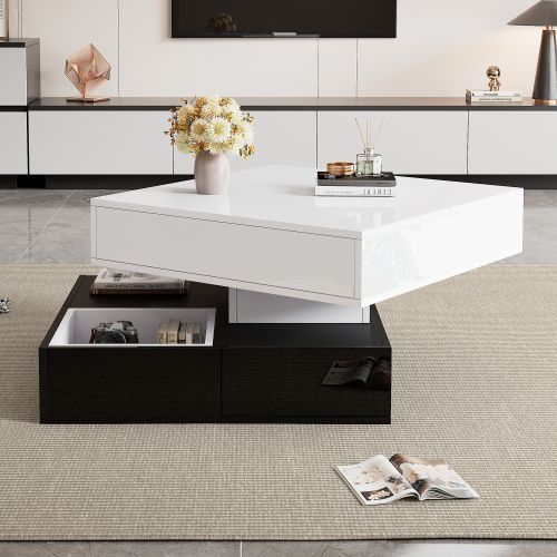 Table Basse Avec Plateau Pivotant à 360°, Table De Salon Double Niveau Avec 3 Tiroirs