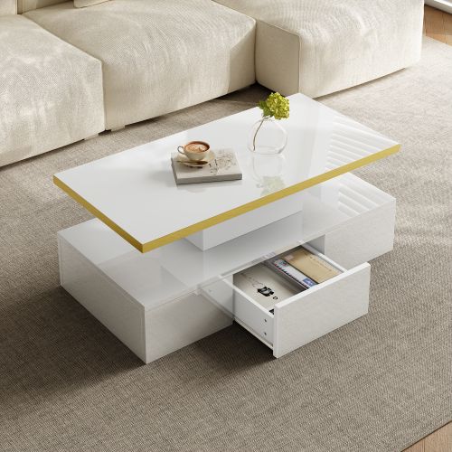 Table Basse, Table à Tiroirs, Table D'appoint à Deux Étagères. Éclairage LED Inclus.