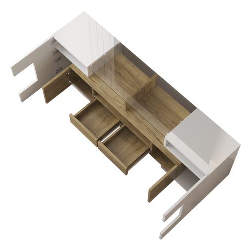 Meuble TV Blanc Brillant 145cm Avec Éclairage LED Et Plateau Verre - Rangement Moderne Salon