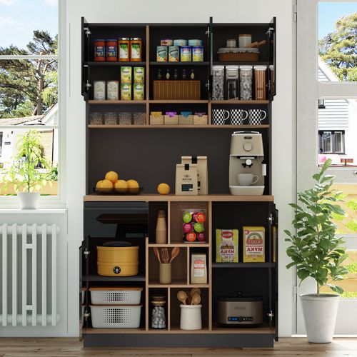 Meuble De Cuisine Moderne 105×45×185 Cm, Buffet Haut, Rangements et Tiroir, Noir