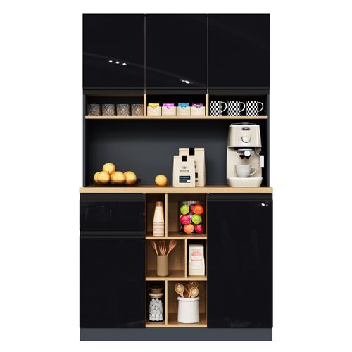 Meuble De Cuisine Moderne 105×45×185 Cm, Buffet Haut, Rangements et Tiroir, Noir