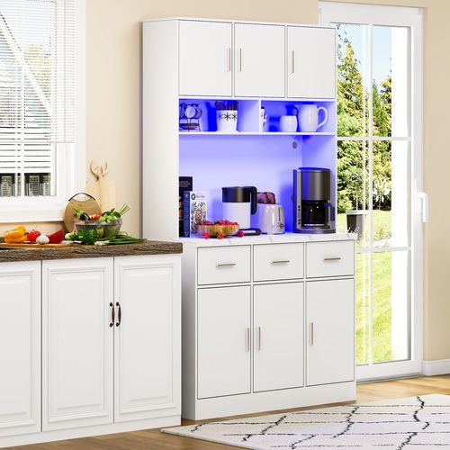 Buffet Multifonction 100×40×180 Cm Avec LED Connectée, Prises, Tiroirs, Blanc