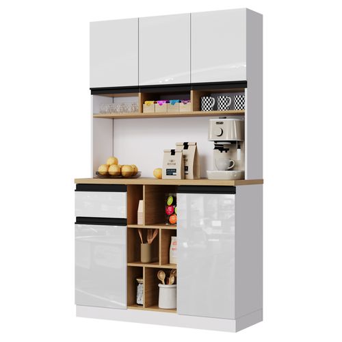 Meuble De Cuisine Moderne 105×45×185 Cm, Buffet Haut, Rangements et Tiroir,blanc