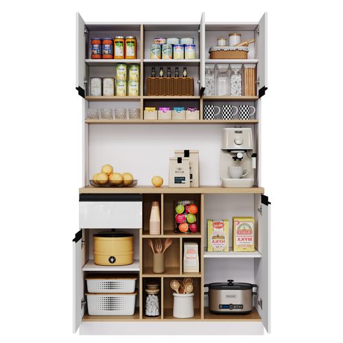 Meuble De Cuisine Moderne 105×45×185 Cm, Buffet Haut, Rangements et Tiroir,blanc