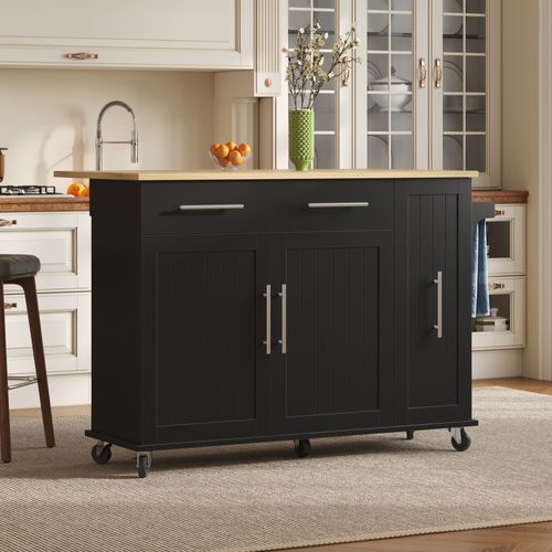 Îlot De Cuisine Mobile Avec Plateau Rabattable, Rangements Coulissants, Roulettes, Noir