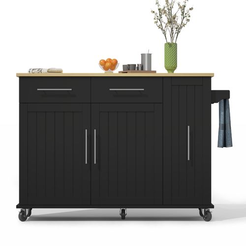 Îlot De Cuisine Mobile Avec Plateau Rabattable, Rangements Coulissants, Roulettes, Noir