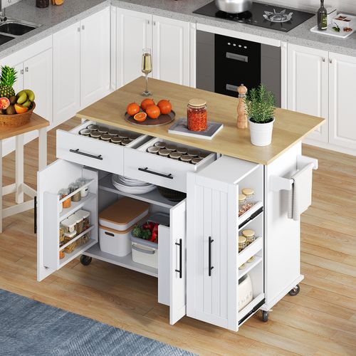 Îlot De Cuisine Mobile Avec Plateau Rabattable, Rangements Coulissants, Roulettes, Blanc
