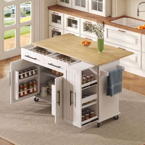Îlot De Cuisine Mobile Avec Plateau Rabattable, Rangements Coulissants, Roulettes, Blanc