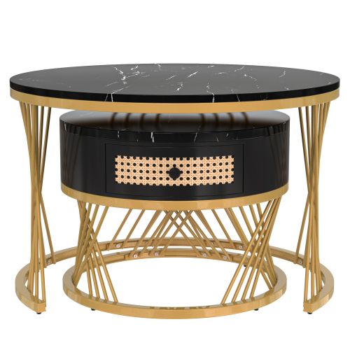 Table Basse Et Table D'appoint 2 En 1 Avec Plateau En Marbre Et Tiroir En Rotin Synthétique.
