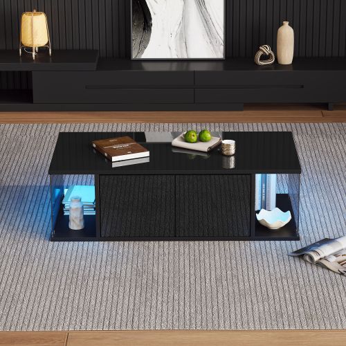 Table Basse De Salon,table De Canapé Avec Éclairage LED, Finition Brillante + Design En Verre Trempé