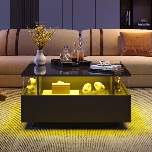 Table Basse Moderne En LED Brillante Avec Deux Tiroirs Et Une Partie Vitrée Transparente