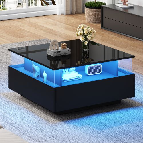 Table Basse Moderne En LED Brillante Avec Deux Tiroirs Et Une Partie Vitrée Transparente