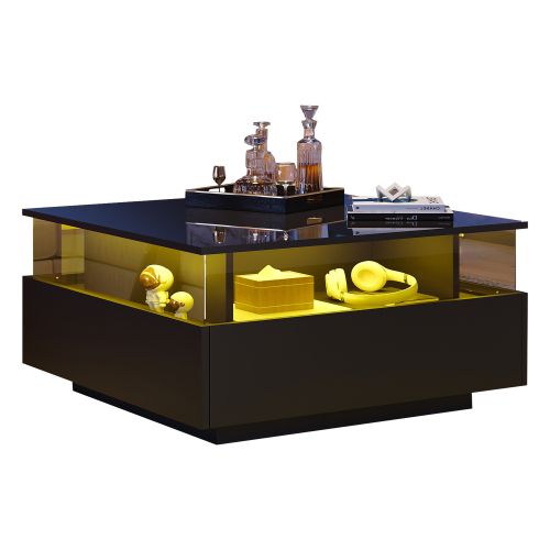 Table Basse Moderne En LED Brillante Avec Deux Tiroirs Et Une Partie Vitrée Transparente