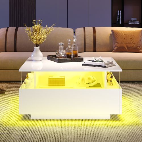 Table Basse Moderne En LED Brillante Avec Deux Tiroirs Et Une Partie Vitrée Transparente