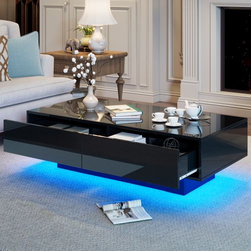 Table Basse Moderne Noire Brillante Avec Deux Tiroirs Et Éclairage LED, Table Basse De Salon