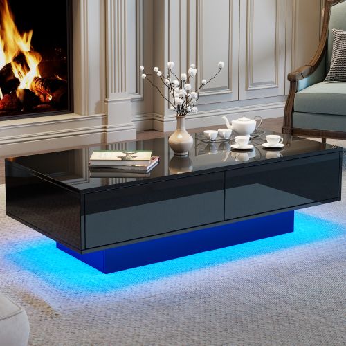 Table Basse Moderne Noire Brillante Avec Deux Tiroirs Et Éclairage LED, Table Basse De Salon