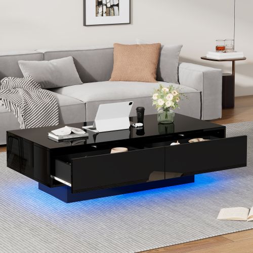 Table Basse Moderne Noire Brillante Avec Deux Tiroirs Et Éclairage LED, Table Basse De Salon
