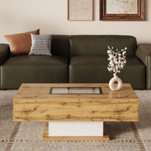 Table Basse, Table De Salon Avec Éclairage LED, Avec Plateau En Verre Et Deux Tiroirs