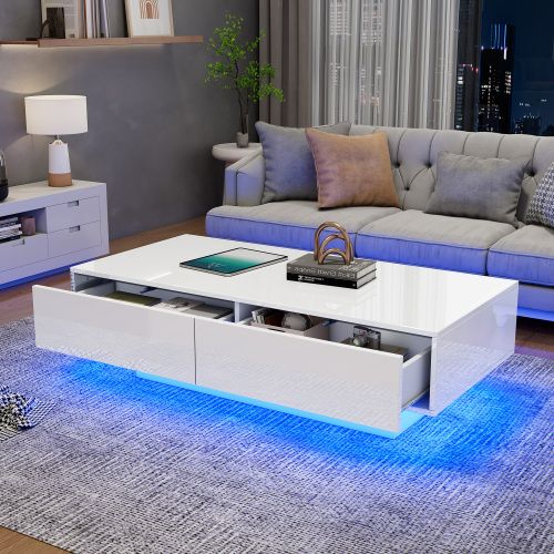 Table Basse Moderne Blanche Brillante Avec Deux Tiroirs Et Éclairage LED, Table Basse De Salon