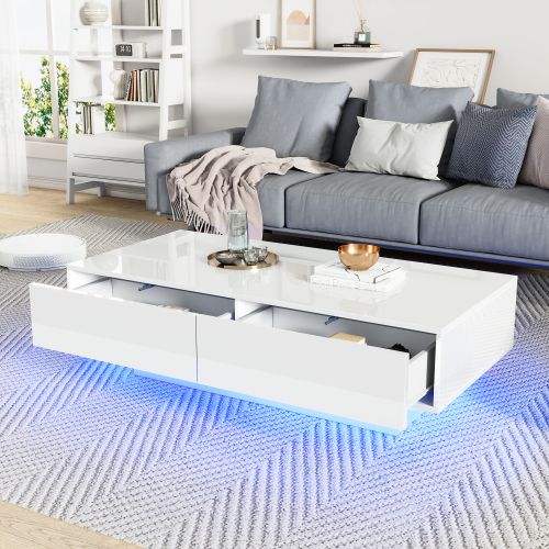 Table Basse Moderne Blanche Brillante Avec Deux Tiroirs Et Éclairage LED, Table Basse De Salon