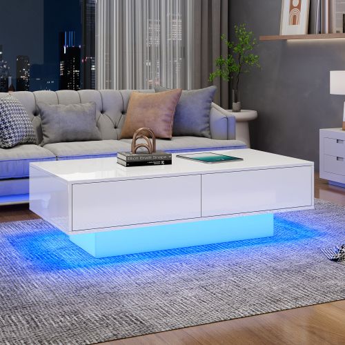 Table Basse Moderne Blanche Brillante Avec Deux Tiroirs Et Éclairage LED, Table Basse De Salon