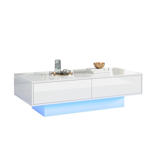 Table Basse Moderne Blanche Brillante Avec Deux Tiroirs Et Éclairage LED, Table Basse De Salon