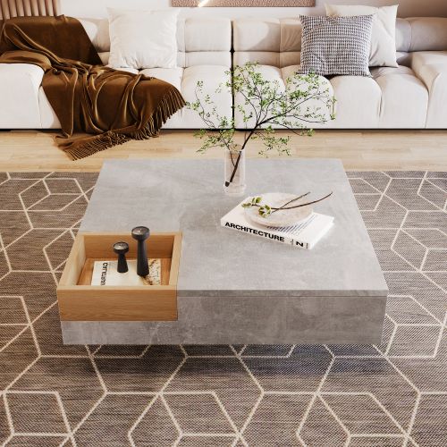 Table D'appoint Pour Le Salon, Avec Coffre De Rangement Amovible, En Gris Béton Et Finition Bois.