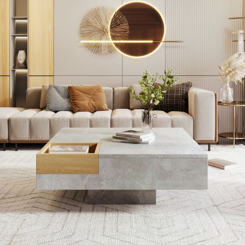 Table D'appoint Pour Le Salon, Avec Coffre De Rangement Amovible, En Gris Béton Et Finition Bois.