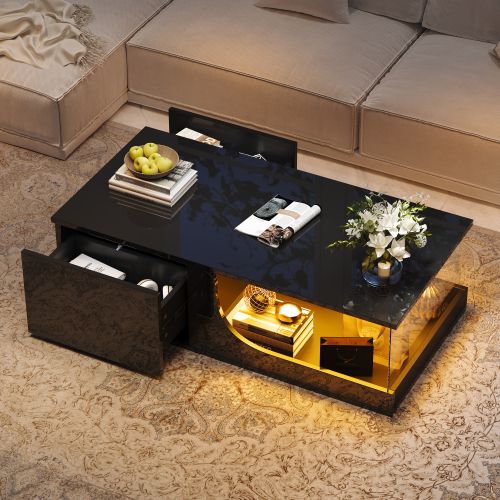 Table Basse, Table De Salon Avec Deux Tiroirs, Table De Salon En Mdf, Table Basse Avec Éclairage LED