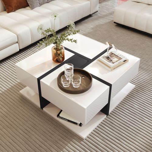 Table Basse Brillante Avec Quatre Tiroirs Et Espace De Rangement Sous La Table,dimensions:78×78×36cm