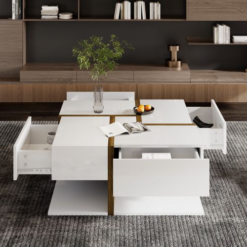 Table Basse Brillante Avec Quatre Tiroirs Et Espace De Rangement Sous La Table,dimensions:78×78×36cm
